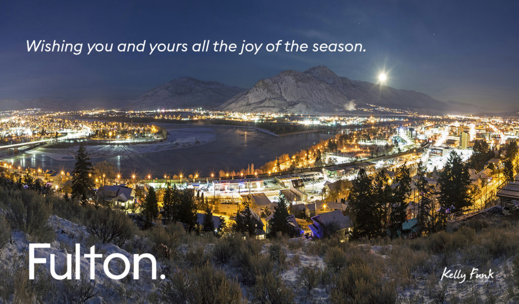 Landscape view of Kamloops rivers meeting on a winter night.